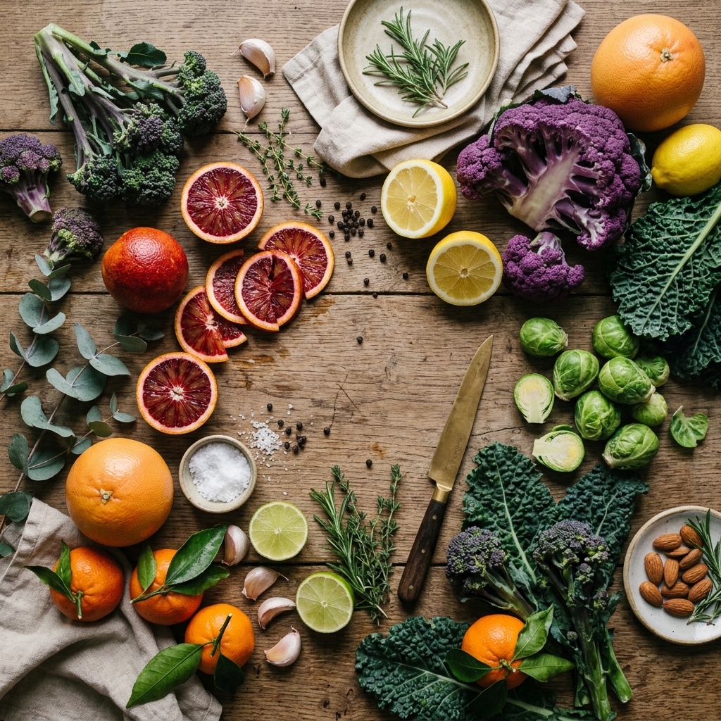 Seasonal produce laid out on a table